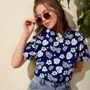 Women Hawaiian Shirt Soft Cool Summer Hawaii Tshirts Beach Tropic Print V Neck Button up Tops Floral Short Sleeve Tops (Blue, XXL)