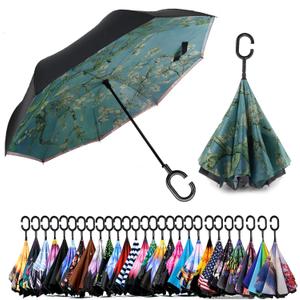 SIEPASA 49/56 Inch Inverted Reverse Upside Down Umbrella, Extra Large Double Canopy Vented Windproof Waterproof Stick Golf Umbrellas with C-shape Handle.