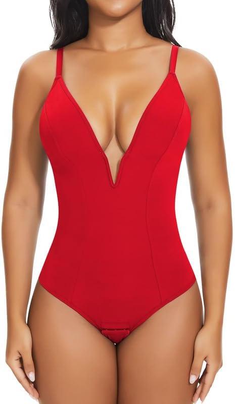 SHAPERIN Women's Deep V Neck Cami Bodysuit Plunge Double Layer Tummy Control Shapewear Thong Body Suits (Small, Red)