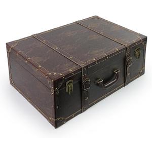 Vintage Style Faux Leather Storage Trunk with Leather Straps and Brass Studs, Dark Brown