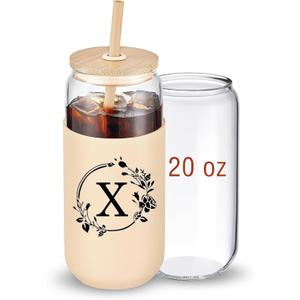 WillCome Personalized 20 Oz Tumbler Glass Cup with Lids and Straws, Customized Monogrammed Mug Birthday Gifts for Women, Cute Iced Coffee Cup, Customizable Drinking Glass for Smoothies, Beer, Amber,X
