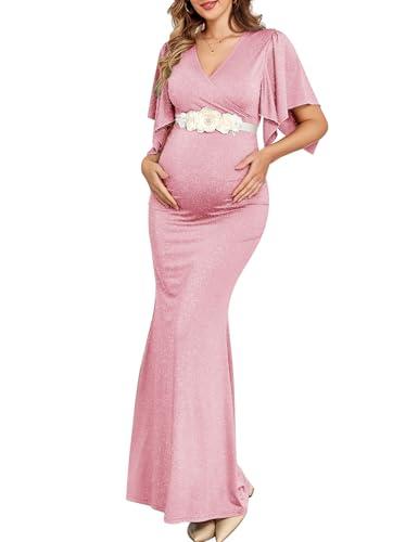 AISWI Maxi Maternity Dress Semi Formal Baby Shower Wedding Guest V-Neck Handkerchief Sleeves Elegant, Sparkly Pink, X-Large