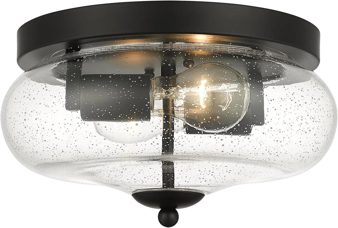 Darkaway Black Ceiling Light Fixtures, Indoor Outdoor Flush Mount Ceiling Light with Seeded Glass Shade for Farmhouse Hallway Kitchen Bedroom Porch Living Dining Room (11inch)
