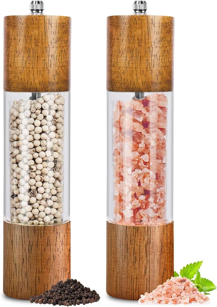 2 Pack Salt and Pepper Grinder Set, Premium Acrylic Salt and Pepper Mills - Manual Oak Wooden Shakers with Adjustable Ceramic Core-8 Inches (Brown)