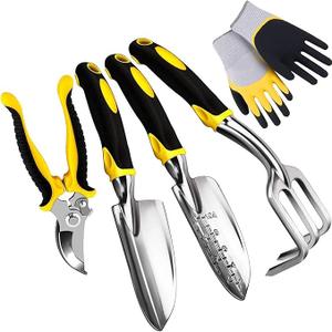 5 Pcs Gardening Tools Set,Garden Hand Tools Set Including Gloves, Pruner, Rake, Transplant Trowel and Trowel for Gardener, Garden Tools Kit