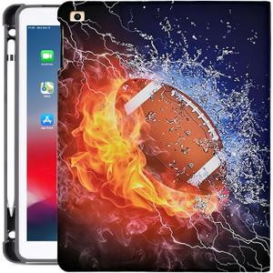 Rotating Case for iPad 9th/8th/7th Generation 10.2 Inch 2021/2020/2019, 360 Degree Swiveling PU Leather Folio Stand Cover with Pencil Holder - Auto Wake/Sleep American Football Fire Water