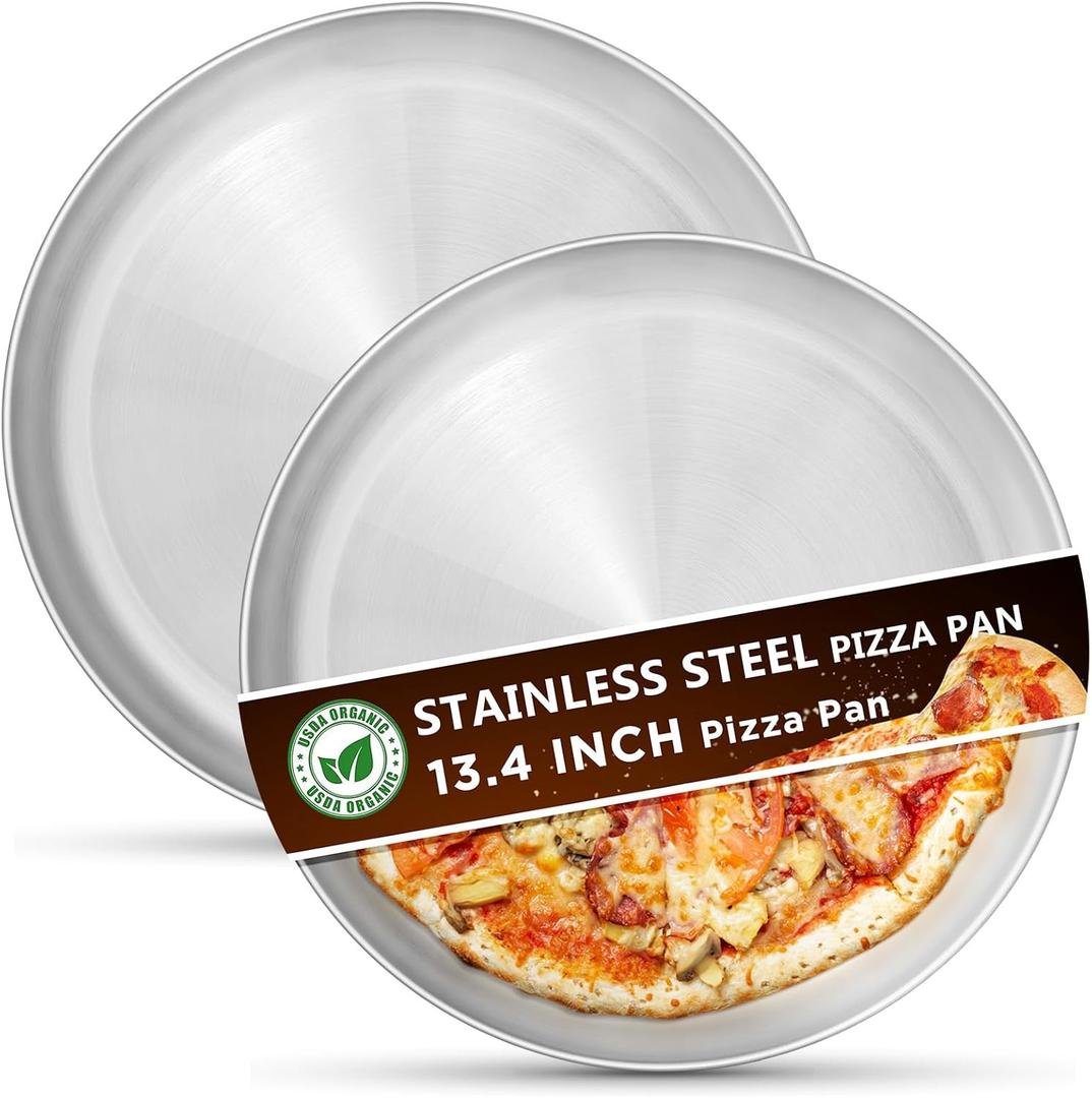Kevenal Stainless Steel Pizza Pans 13.4 inch, Pizza-Pan for Oven, Steel Pizza Tray, Round Pizza Plate Set of 2 (Extra Thick)