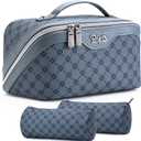 BOYATU Travel Makeup Bag Cosmetic Bags for Women: 3 Pcs Set Large Capacity Make up Bag with Handle - Vegan Leather Toiletry Bags with Compartments - Makeup Organizer for Travel Essentials(A-4-Blue)