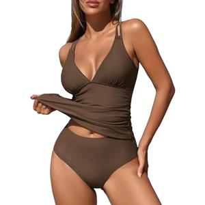 ZAFUL High Waisted Bikini Sets for Women Modest Swimsuits for Women Solid Two Piece Bathing Suits Tummy Control Ruched Tankini Vacation Outfits for Women (Coffee L)