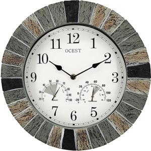 OCEST Heavy Duty Indoor Outdoor Clock, 13 Inch Handmade Waterproof with Thermometer Hygrometer, Silent Non-Ticking Battery Operated Wall Clock for Patio, Pool, Porch, Garden