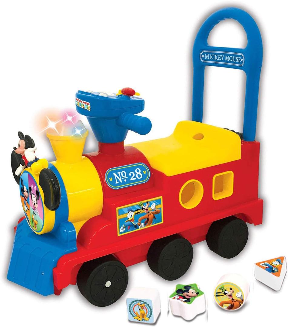 Disney Kiddieland Mickey Mouse Play n' Sort Activity Train Ride-On with Music, Lights, Shape Blocks, Engine & Whistle Sounds, Toddler Push Toy for Ages 1236 Months