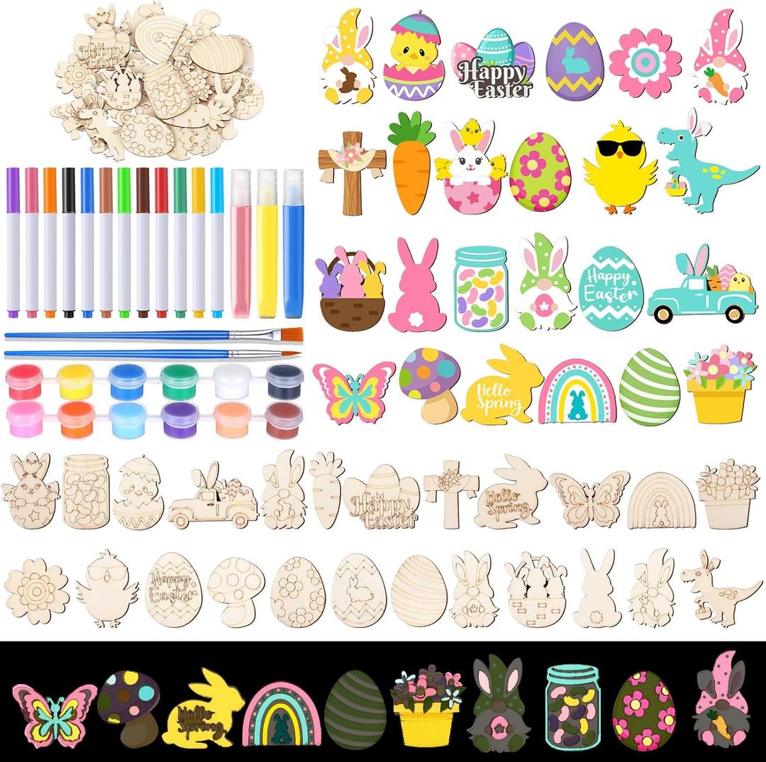 Relaxweex 24 Pcs Easter Spring Wooden Magnets Painting Craft Kit for Kids, Glow in The Dark DIY Bunny Spring Art Crafts Supplies, Fridge Magnets Coloring Kits for Easter Activities Gifts Home Party