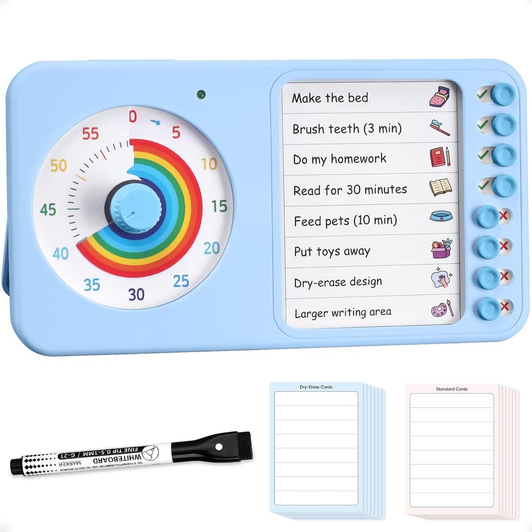 2-in-1 Visual Timer with Task Board for ADHD & Autism, Dry Erase Chore Chart and Visual Schedule for Kids & Adults, Rainbow Countdown Timer for Classroom, Home, Homeschooll (Blue)