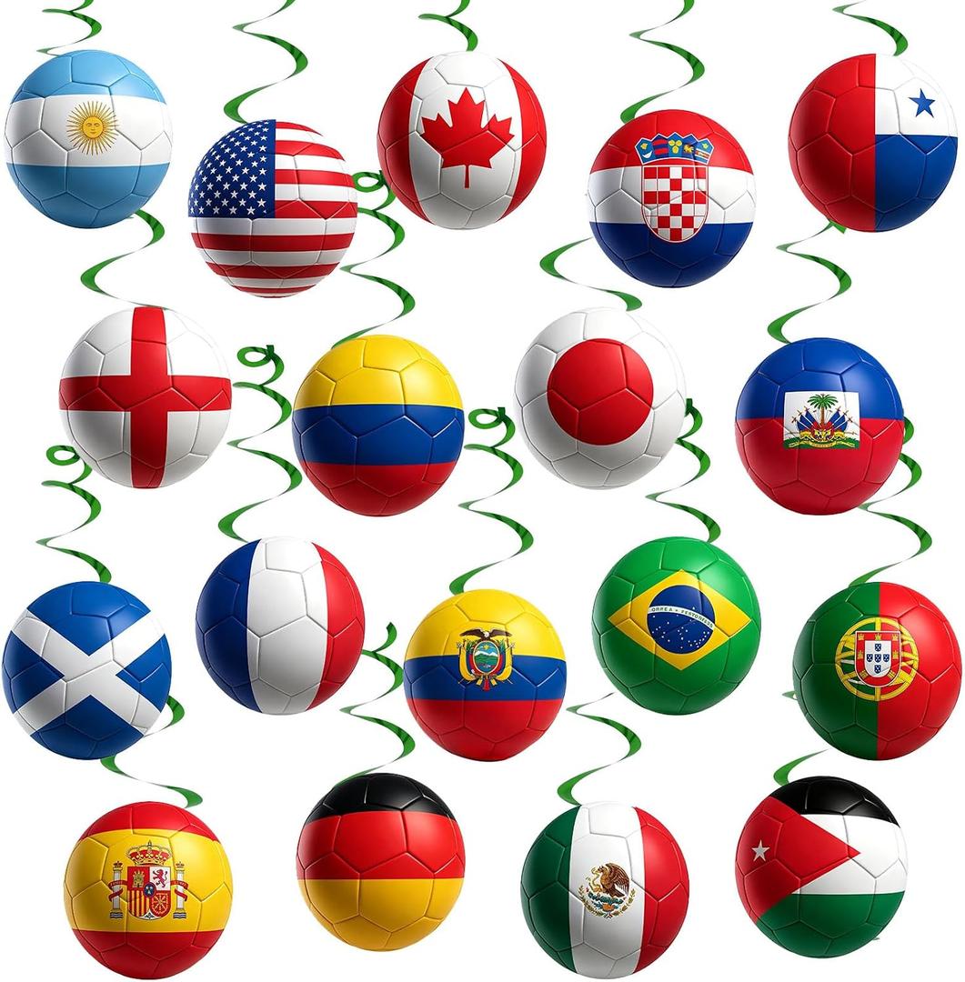 2 x 36pcs World Soccer Decorations 2026 International Flag Theme Hanging Swirls, 18Pcs Soccer Card and 18pcs Hanging Swirls for Party Supplies
