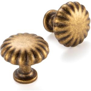 10 Pack 1-1/4 Inch, Round Antique Brass Cabinet Knobs Vintage Brass Drawer Knobs Brass Cabinet Pulls, ZK2408 Solid Kitchen Hardware for Cabinets Drawers Bedroom Dresser Bathroom Vanity Cupboard