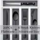 HaWare 24-Piece Silverware Set with Flatware Drawer Organizer, Stainless Steel Cutlery with 4 Steak Knives, Eating Utensils Service for 4, Mirror Polished, Dishwasher Safe-Black