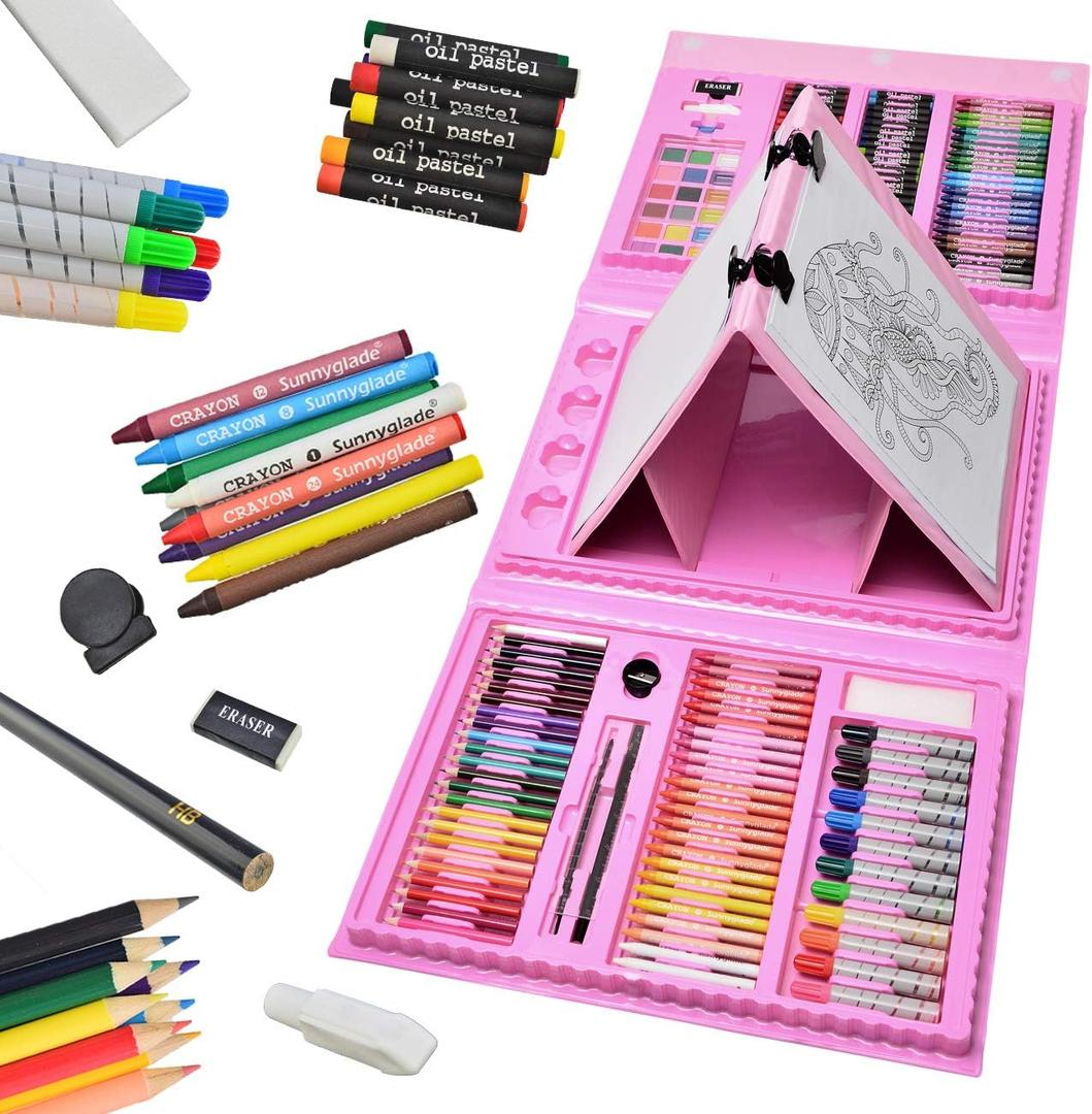 Sunnyglade 185 Pieces Double Sided Trifold Easel Art Set, Drawing Art Box with Oil Pastels, Crayons, Colored Pencils, Markers, Paint Brush, Watercolor Cakes, Sketch Pad (Pink)