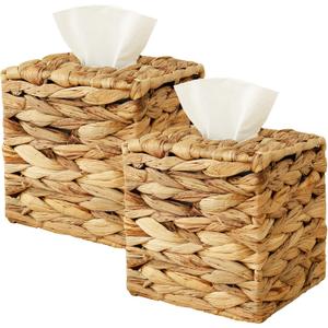 2 Pack Wicker Tissue Box Cover, Hand Woven Water Hyacinth Square Tissue Box Holder, Boho Decorative Facial Paper Box for Table Home Bathroom