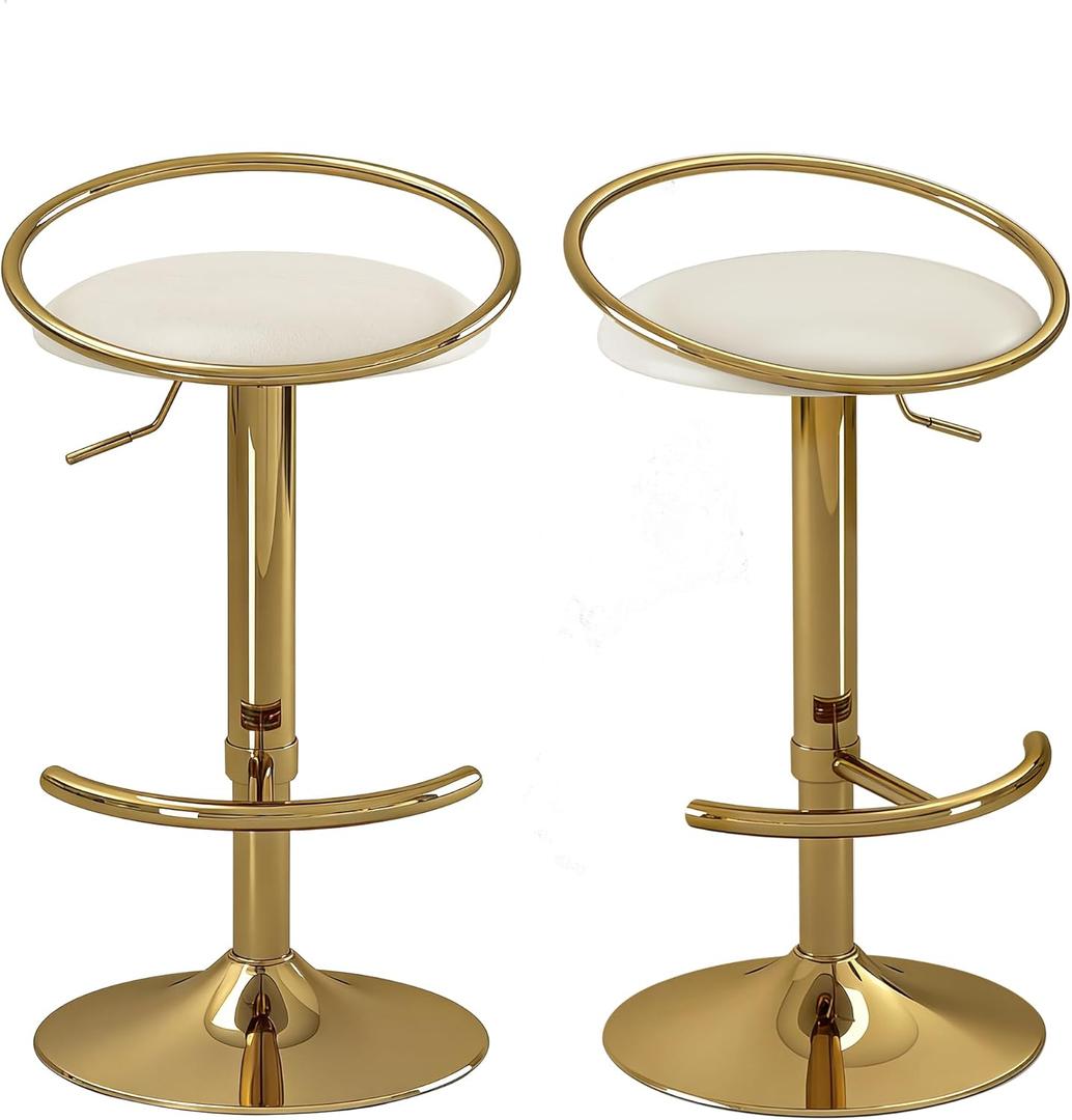 Mritwaii Bar Stools Set of 2, Adjustable Swivel Counter Height Barstools with Upholstered Seat, PU Leather Counter Stools for Bar, Kitchen Island, Dining Room, Gold