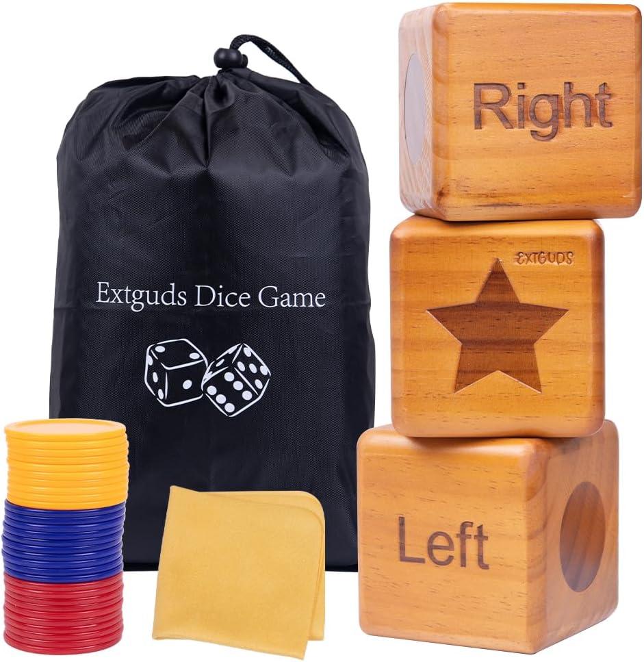 Giant Right Center Left Dice Game Set, Classic Left Right Center Game for Family & Party Fun, with Colorful Chips, Wooden Dice, Storage Bag, Instructions,Cleaning Cloth, Easy-to-Learn Wooden Dice Game