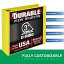 Samsill Durable 3 Inch Binder, D Ring Binder, Customizable Clear View Cover, Lemon Yellow, Holds 625 Pages