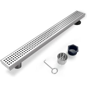 Offset Linear Shower Drain, Shower Drain 32 inch with Removable Grate Cover, Professional AISI 304 Stainless Steel Side Outlet Shower Floor Drain with Hair Catcher and Leveling Feet (Brushed Grid)