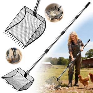 Chicken Poop Scooper for Sand, 2-in-1 Rake & Pooper Scooper with Large Sifting Shovel, Adjustable Stainless Steel Handle (36"-62"), Chicken Coop Litter Scoop & Cleaning Tool for Farm Animals