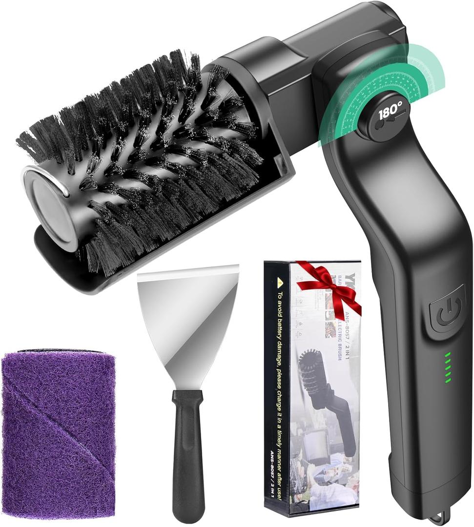 Juome Electric Grill Brush for Outdoor Grill, Cordless Rechargeable BBQ Grill Cleaner with 180Adjustable Angle, Grill Cleaning Brush Kit with Grill Scraper, BBQ Grill Tools Accessories