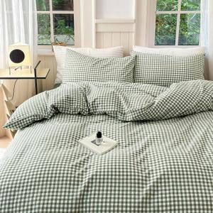 Gingham Duvet Cover, 3 Pieces Soft Breathable Microfiber Plaid Comforter Cover with Zipper Closure & 2 Pillow Shams, Ruffle Farmhouse Vintage Decor, Sage Green