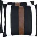 JASEN Set of 2 Faux Leather and Linen Lumbar Pillow Covers Black and White Modern Farmhouse Rectangular Accent Cushion Covers for Couch Sofa 18" x 18"