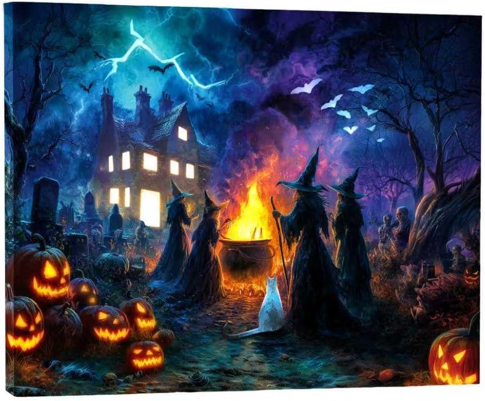 Artiluxy Halloween LED Wall Art 20x16 Inch-Haunted Home Gift, Lighted Canvas Decor with Pumpkin Haunted House Witch & Skull, Battery Powered with Timer, Spooky Indoor Decor for Halloween Party, 16x20in