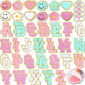 Hanaive 80 Pcs Chenille Letter Patches Self Adhesive Iron on Patch 3D Cute Embroidered Rainbow Smile Face Heart Applique Sewing Badges Patch for Fabric Clothing Jacket DIY(Pastel Rainbow,Letters)