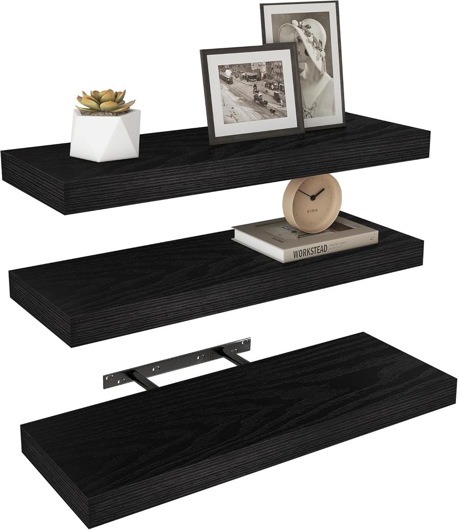 Vervida 3 Pack Black Floating Shelves,24" W x 7.9" D x 1.5" H, Holds Up to 37 Lbs, Ideal for Living Room, Bedroom, Bathroom, Kitchen, Office, Storage, Display, with Invisible Brackets Wall Shelves