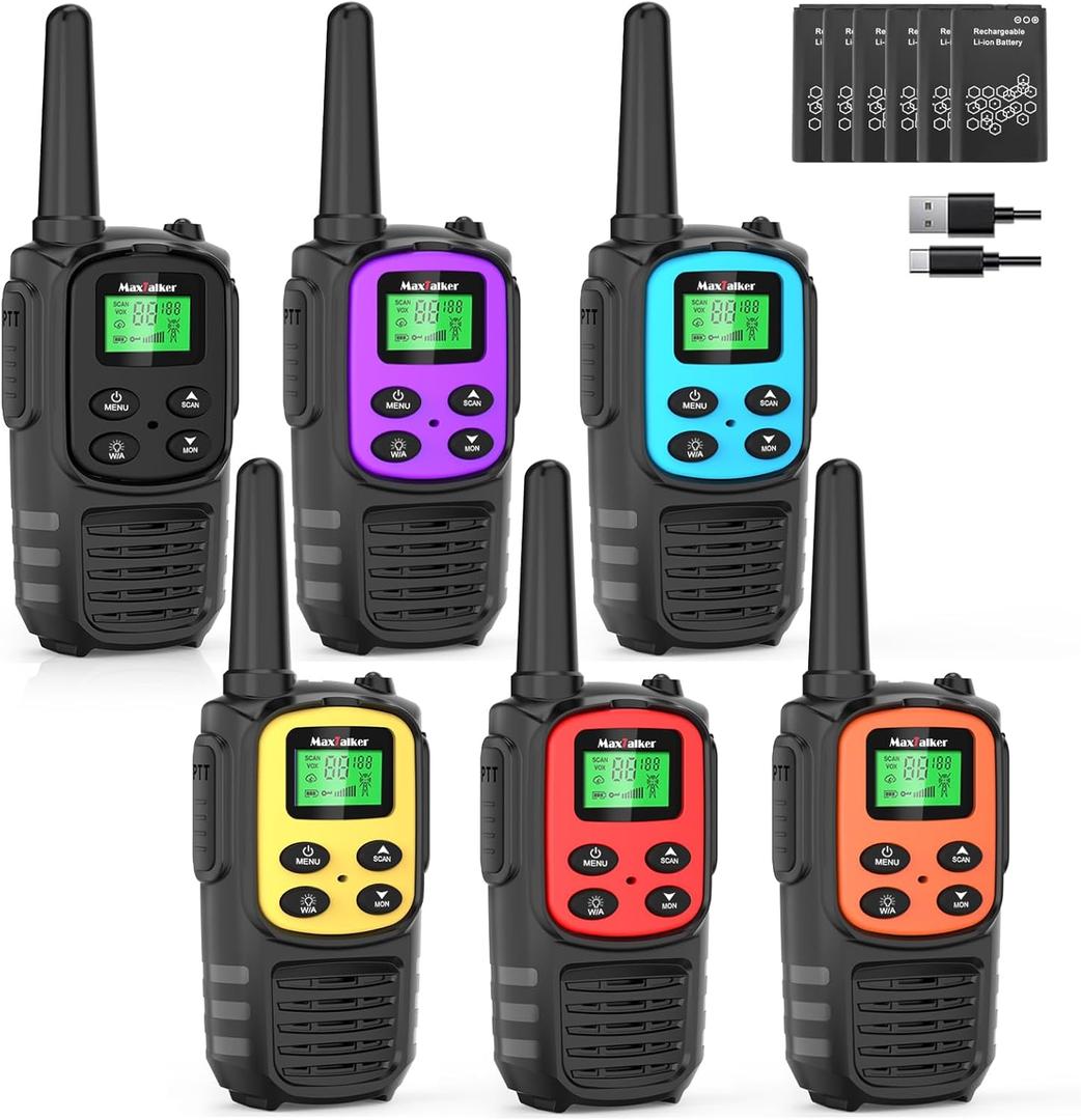 Walkie Talkies Long Range for Adults, Rechargeable Walkie Talkies 6 Pack with 22 FRS Channels, 2 Way Radios, NOAA, Li-ion Battery, LED Flashlight, VOX Gift for Family Hiking Camping (Colorful)