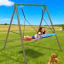 Trekassy Swing Sets for Backyard, 440lbs Heavy Duty A-Frame Metal Stand with 60" Large Platform Swing for Outdoor Playground ParkGreen/Tan Frame + Rainbow Swing(Patented)