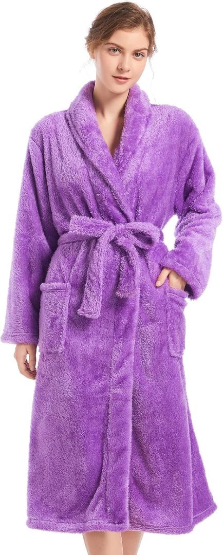 Inner Wish Womens Plush Fleece Robe, Cozy Warm Bathrobe Fuzzy Female Spa Robe With Pockets (Small-Medium, Violet)