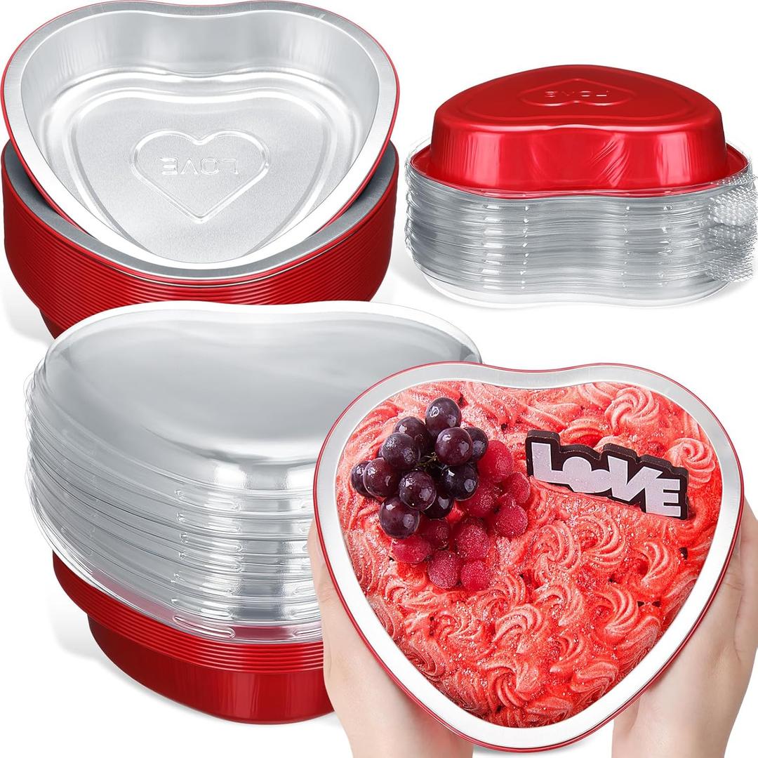 Patelai 25 Sets 22.7 oz Valentine's Heart Shaped Cake Pans with Lid 7.4 '' Valentine's Day Large Disposable Foil Aluminum Heart Baking Pan Tins for Valentines Day Baking Wedding Party Supplies(Red)