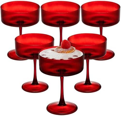 Martini Glasses Set of 6,Vintage Champagne Cocktails Glasses,10.5 Ounces Large Red Ribbed Coupe Drinking Wine Glasses Goblet,Margarita Glasses for Bar,Dessert,Cocktail Glassware Gift Set Luxury