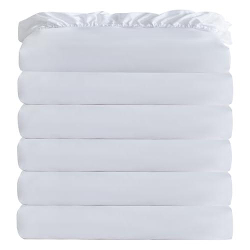 White Bulk Full Fitted Sheet Only Deep Pocket 6 Pack, Quick Sort Bottom Bed Sheets Color-Coded Label Threads, Soft Brushed Microfiber Hotel Motel Airb&bs Essentials for Hosts, 54"x75"