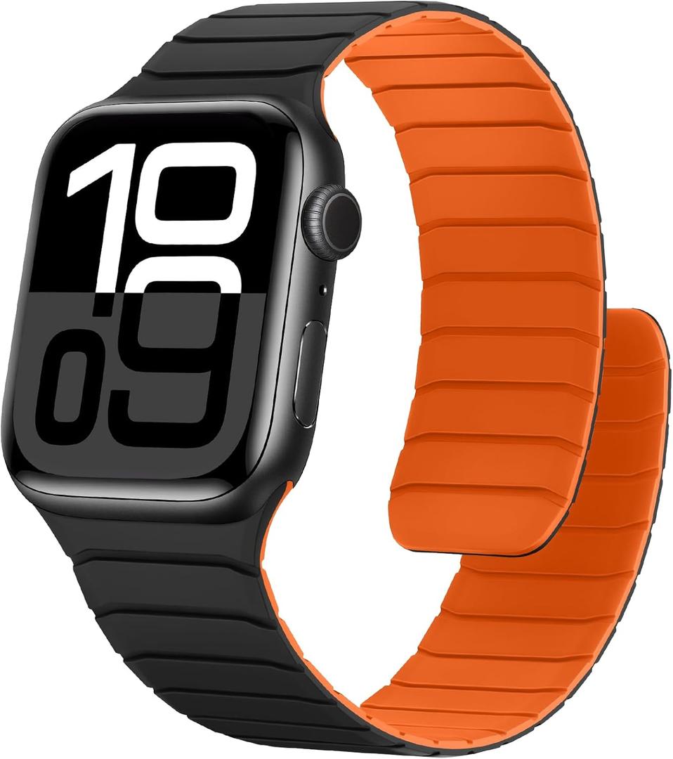 Magnetic Silicone Bands Compatible with Apple Watch 42mm(Series 11/10) 41mm 40mm 38mm, Soft Sport Wristband for Men Women Compatible with iWatch SE Series 11 10 9 8 7 6 5 4 3, Black-Orange