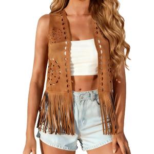 Women Western Tassels Vest Tops 70s Hippie Faux Suede Fringe Vests Jacket Cardigan Open Front Rodeo Cowgirl Shirt (Brown)