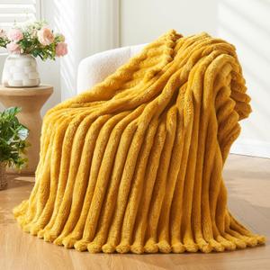 NEWCOSPLAY Super Soft Throw Blanket Mustard Yellow Premium Silky Flannel Fleece 3D Ribbed Jacquard Lightweight Bed Blanket All Season Use (Mustard Yellow Ribbed, Throw(50"x60")), Size Twin