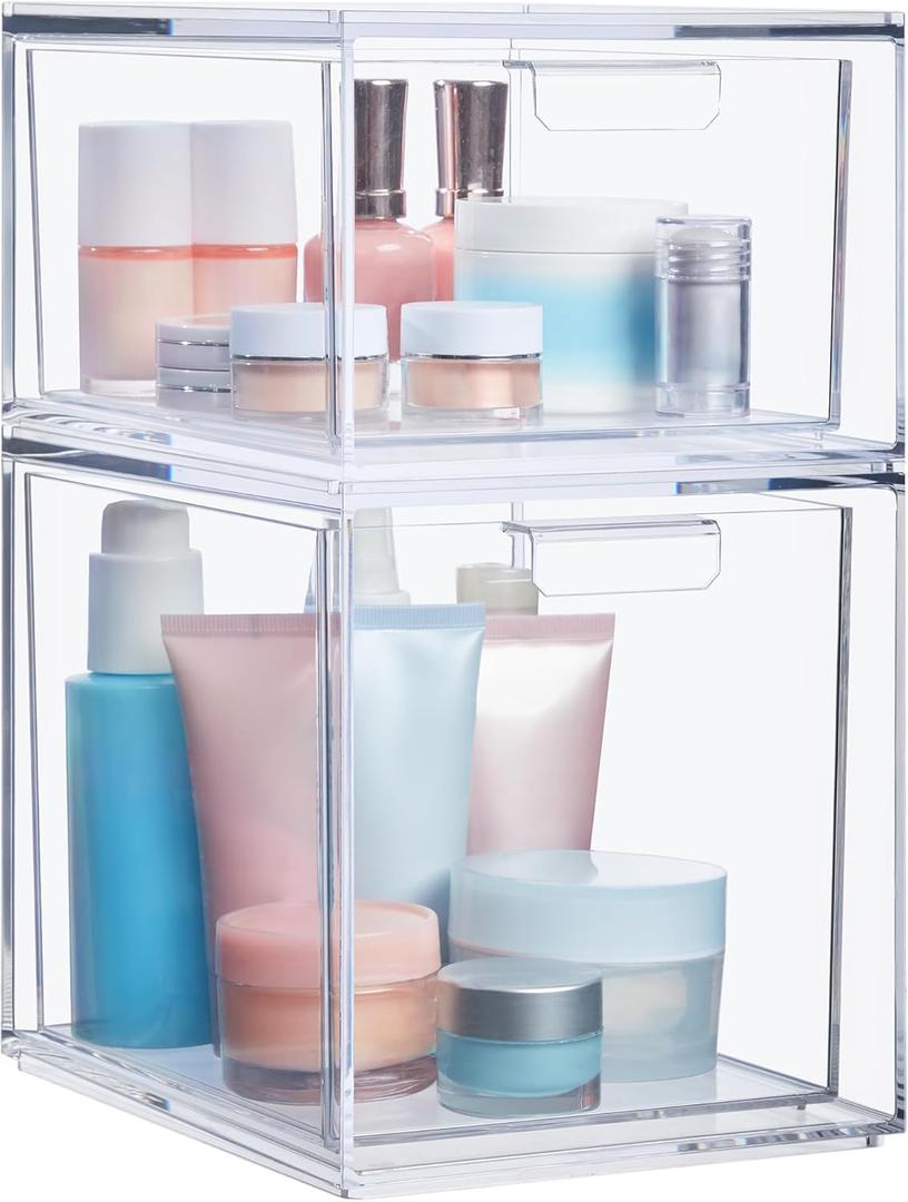 STORi Audrey Stackable Clear Bin Plastic Organizer Drawers | 2 Piece Set | Organize Cosmetics and Beauty Supplies on a Vanity | Made in USA (4.5" and 6.75" Tall Set)