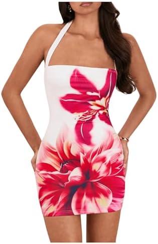OYOANGLE Women's Floral Print Y2K Mini Dress Halter Neck Sleeveless Fitted Short Dresses, Small