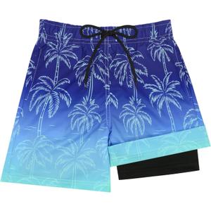Sarfel Boys Swim Trunks with Compression Liner Kids Swimsuits Boys Bathing Suit Kids Board Shorts Teen Boy Quick Dry Shorts (10-12 Years, Blue Gradient Coconut Palm)