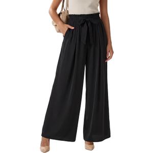Wide Leg Casual Business Pants for Women Palazzo Trousers High Waisted Belted Flowy Summer Beach Long Slacks Pockets Black (Black, S)