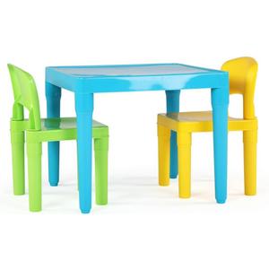 Humble Crew Kids Plastic Table and Chair Set, Toddler Activity Table with 2 Chairs, Lightweight Easy-Clean Kids Desk for Play, Snacks & Crafts, Indoor Outdoor Playroom Furniture, Aqua/Green/Yellow