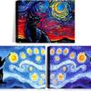 3Pcs Framed Black Cat Starry Night Canvas Wall Art Animals in Famous Paintings Prints Gallery Wrap Vintage Poster Home Decor Picture Modern Abstract Art 12x16 Inch