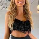 Women's Sequin Shiny Glitter Crop Top Metallic Fringe Tassel T-Shirt for Rave Dance Birthday Party Night Out S