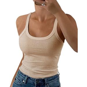 GEMBERA Women Spaghetti Strap Scoop Neck Ribbed Tank Tops Slim Fitted Cotton Camisole Basic Sleeveless Layering Shirts (X-Small)
